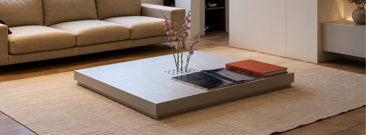Alum Project infographic checklist with rules and tips for choosing the right coffee table dimensions