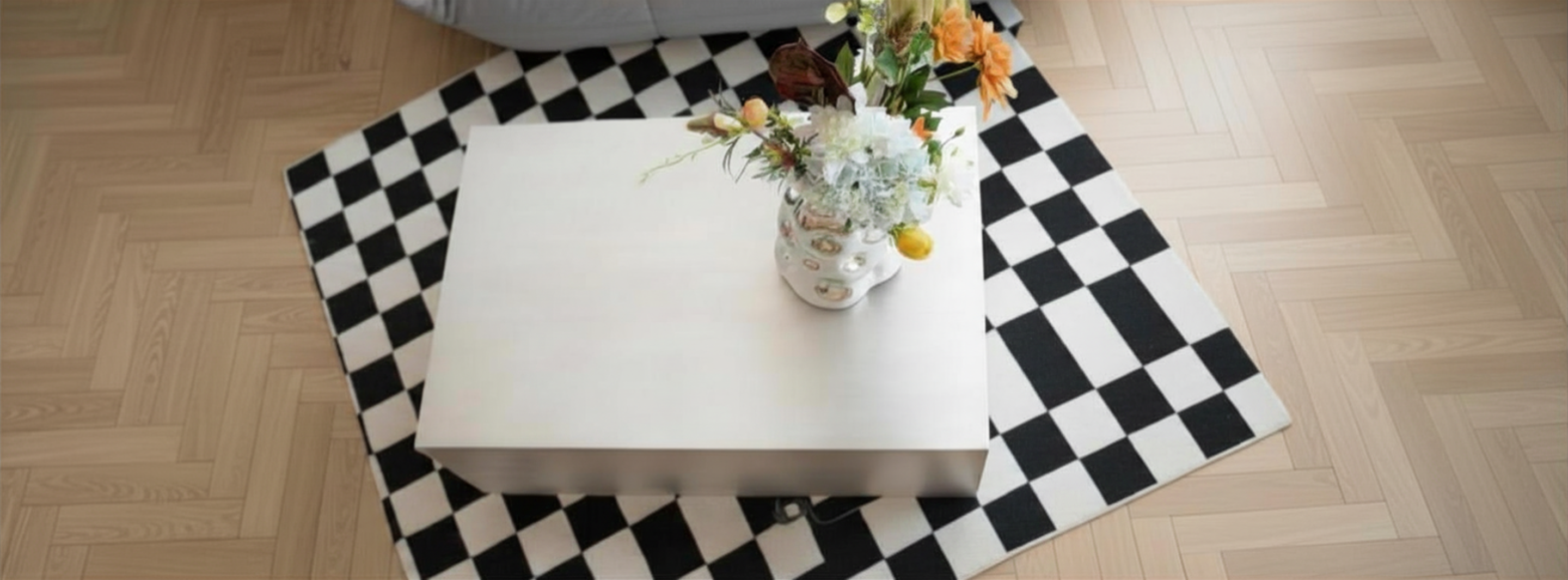 Modern small living room ideas with custom aluminum coffee table