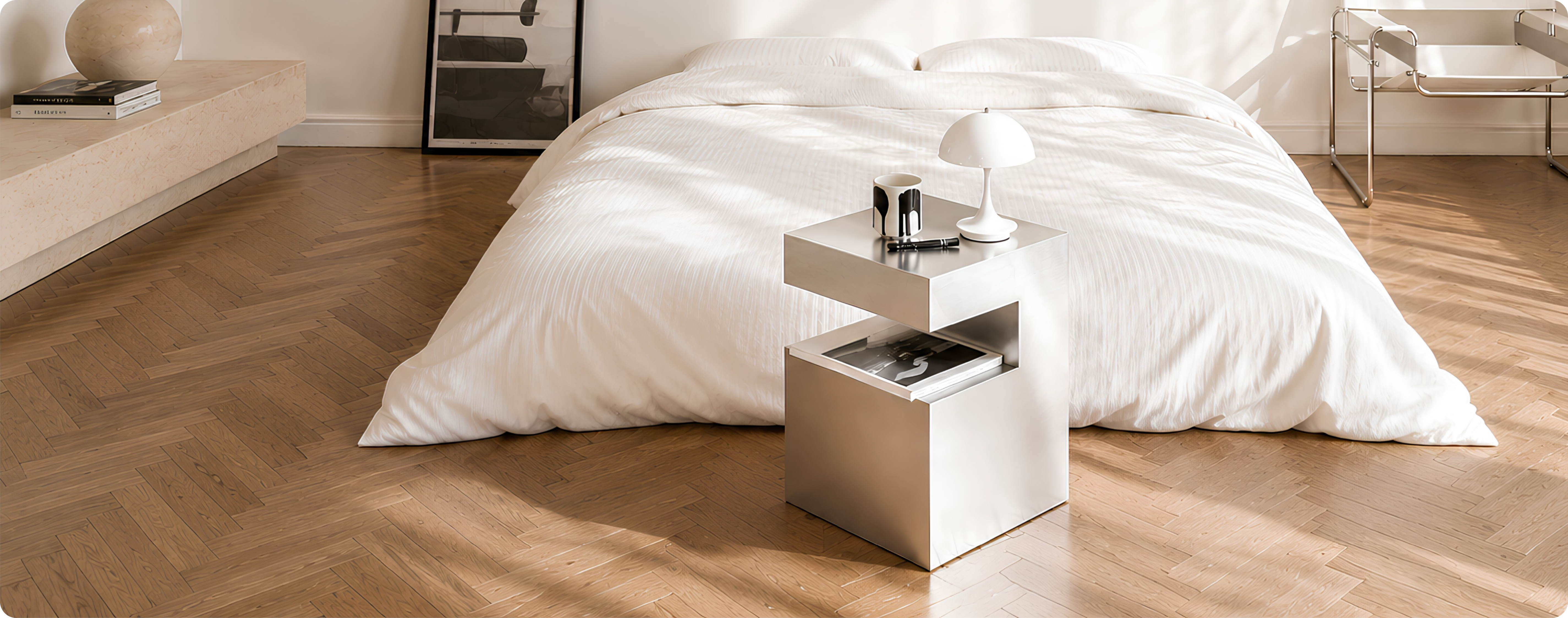 Redefine Your Bedroom
with Sleek Metallic Lines