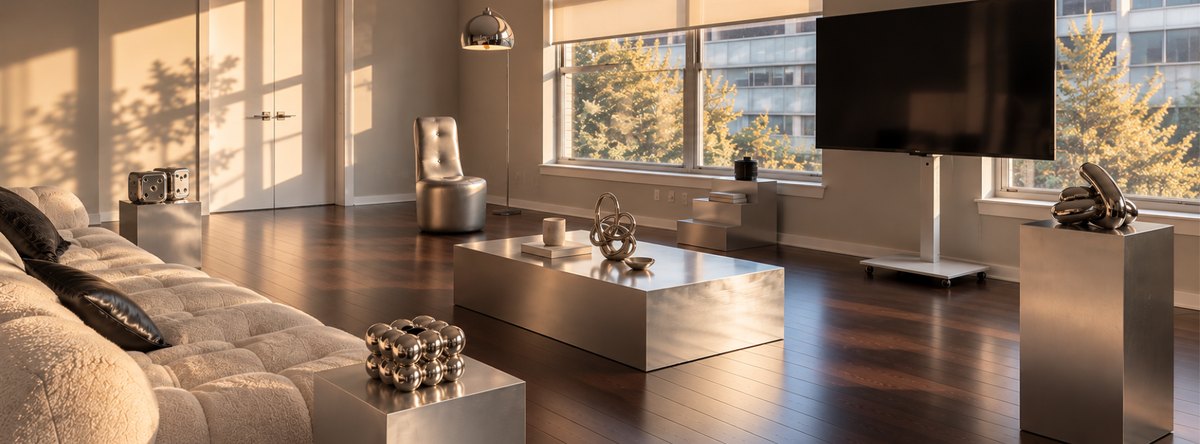 Sleek uncoated aluminum coffee table by Alumproject in a modern minimalist living room setting with clean architectural lines.