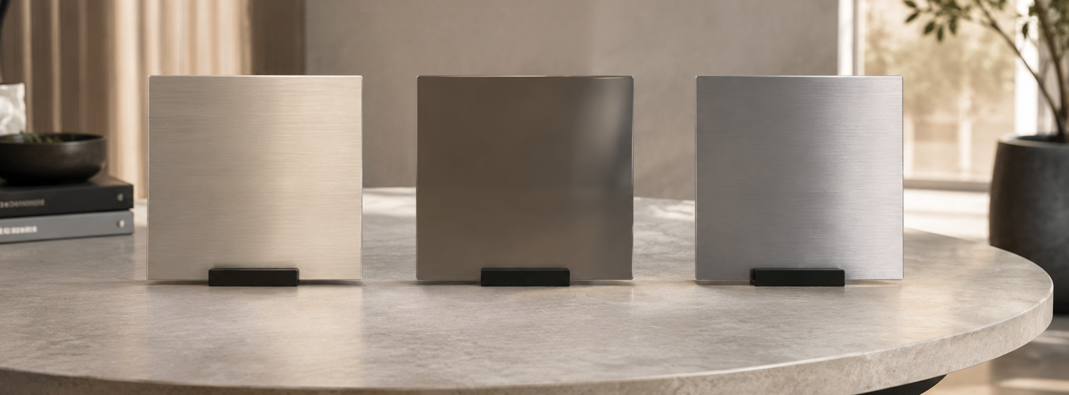 Metal furniture finish samples display stand featuring matte aluminum, glossy aluminum, and polished stainless steel variants